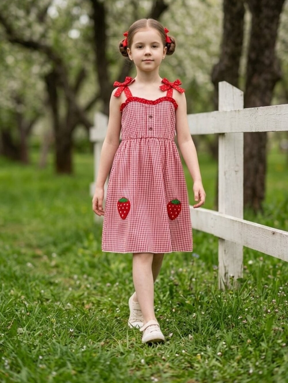 Girls Red Gingham Strawberry Sundress